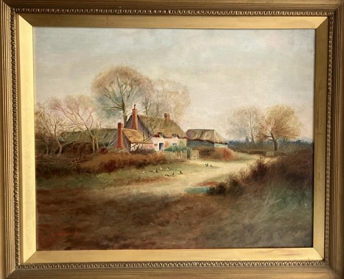 ANTIQUE OIL PAINTING Large British Primitive Cottage Landscape By JONES 1911 - Picture 3 of 13