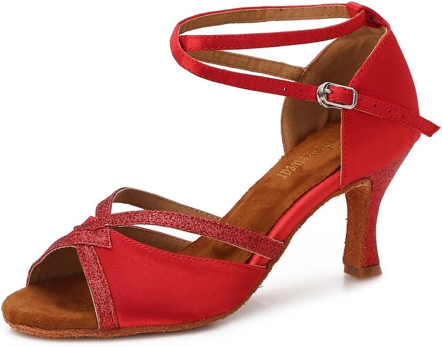 Mujeres Zapatos de Baile de Salón Salsa Latina Bachata 7.5, Rojo-2.5 pulgadas Tacones