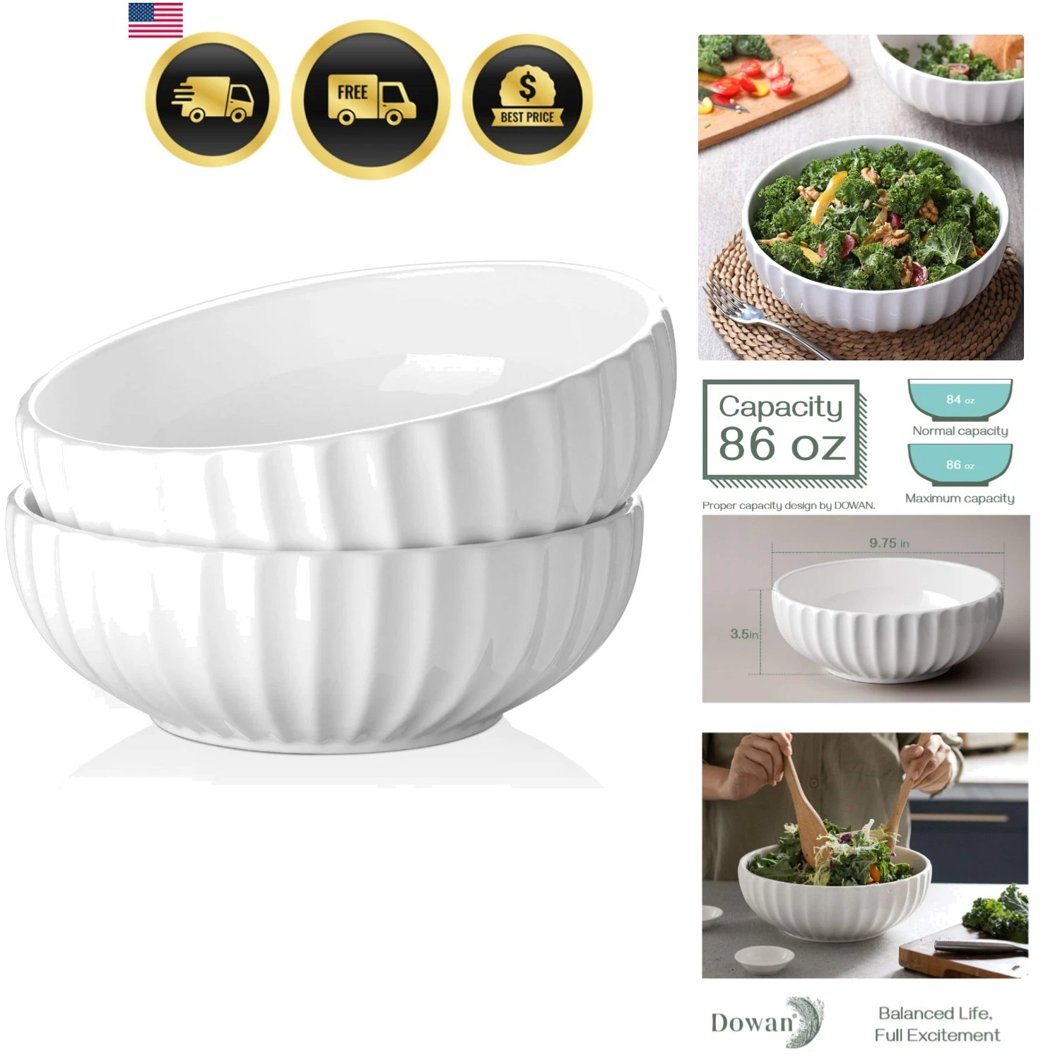 9.8'' Serving Bowls, 86 oz Large Salad Bowl, Ceramic Serving Dishes, Set of 2...
