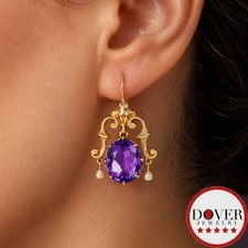 Estate 13.50ct Amethyst Seed Pearl 14K Gold Ornate Dangle Earrings 9.3 GR NR
