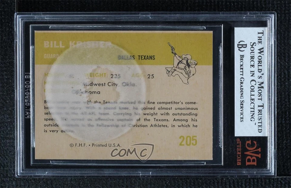 1961 Fleer Billy Krisher #205 BVG 5.5 - Image 2 of 2