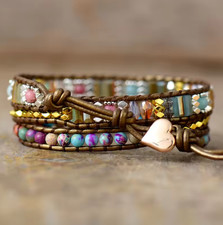 Galaxy Sea Sediment Jasper Leather Wrap Bracelet Handmade Beaded Cord Women