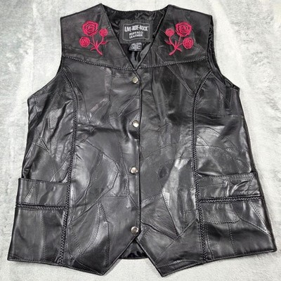 Live Ride Rock Vest Womens 2X Black Leather Pink Rose Embroidered Biker Rocker