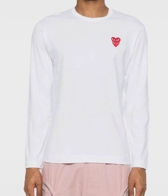 Play Comme des Garçons Men's White Double Heart-Patch Long sleeve T-shirt Size M