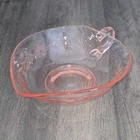 Vintage Pink Depression Etched Floral Glass Handled Heart Bowl Dish
