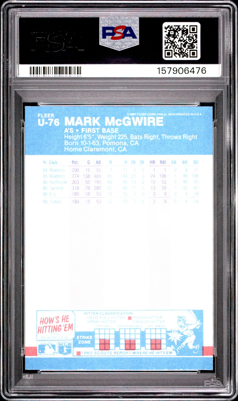 1987 FLEER UPDATE GLOSSY #U-76 MARK MCGWIRE ROOKIE RC PSA 8 view 2