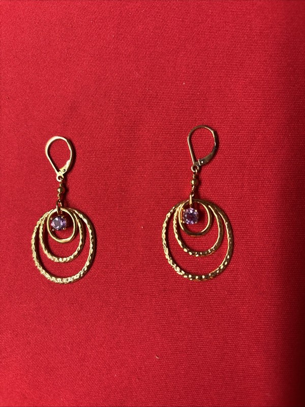 Sterling Silver/Gold Colored Overlay  w/Amethyst Stones in Dangle Drop Earrings