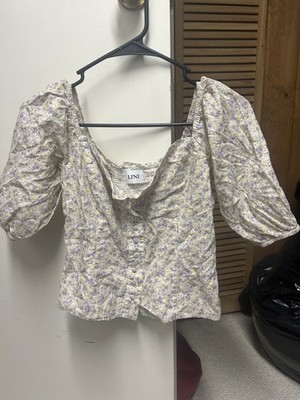 LINI Women's Floral Blouse, Short Puff Sleeve, Square Neck, Button, Cotton, S