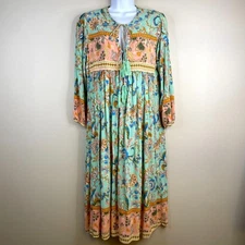 R Vivimos Women Boho Cottage Midi Dress Size M Green Floral Tassel Peasant Flowy