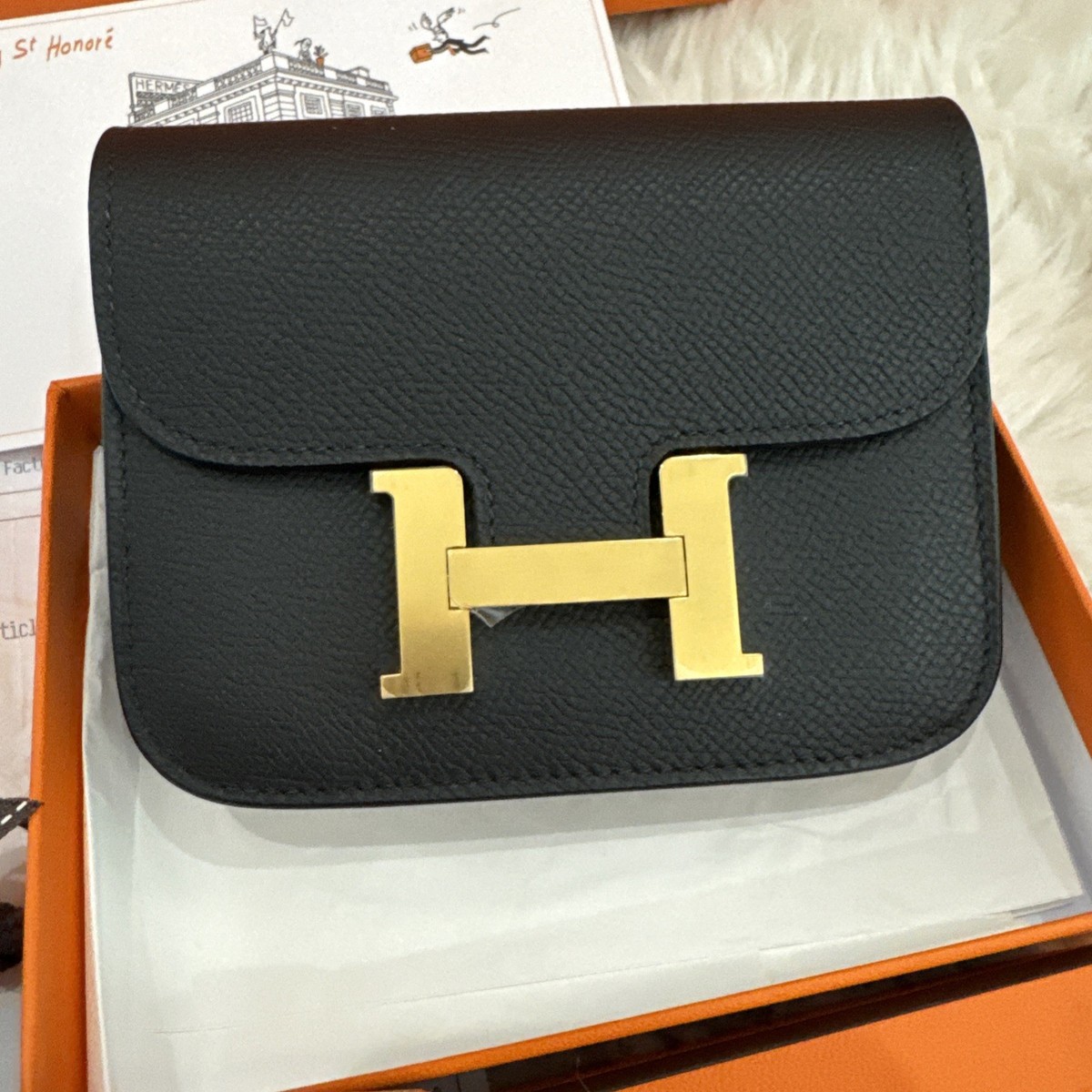 NEW IN BOX HERMES Constance Slim wallet compact Bag EPSOM BLACK