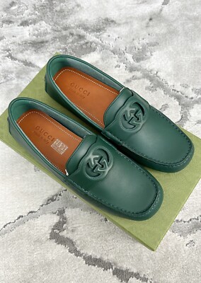 Authentic Gucci Clove Calf Green Soft Leather Mens Loafer 