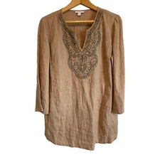Charter Club linen tan tunic beaded breathable 3/4 sleeve long. Size Med.