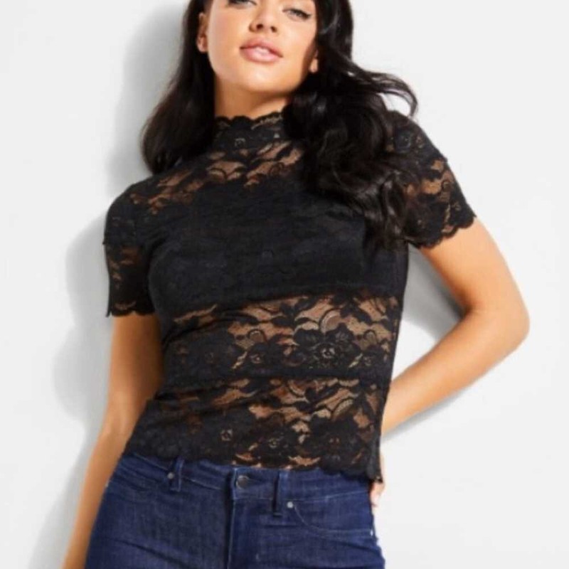 GUESS Shayna Mock-Turtleneck Lace Top (Small, Pre-Owned)