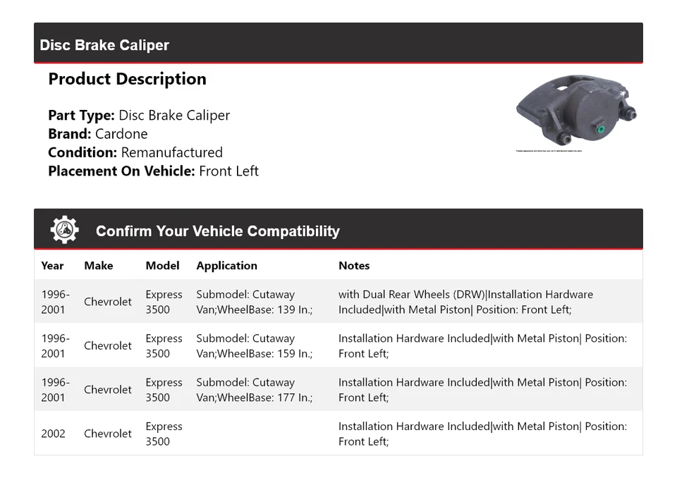 Pinça de freio a disco dianteira esquerda Cardone 1997 Chevrolet Express 3500 1996-2002 - Imagem 2 de 4