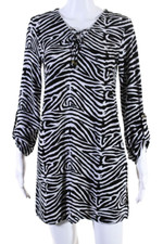 MICHAEL KORS Dress Zebra Print Lace Up Neck Black White Small Button Tab Sleeves