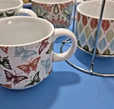 Pier 1 Coffee Mugs VTG Stackable Set-4 Butterflies Leaves Paisley Ended Series