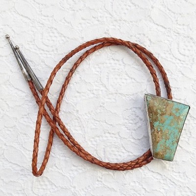 Vint Native American Natural Turquoise Bolo String Tie Necklace Pendant Sterling