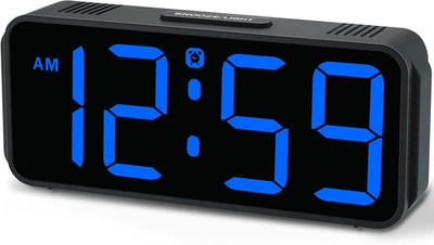 Small Digital Alarm Clock Plug In LED Large Display Dimmer Volume Backup Blue