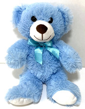 Light Blue Fluffy Teddy Bear Plush Bow 13"L 9.75" Sitting Birthday Easter