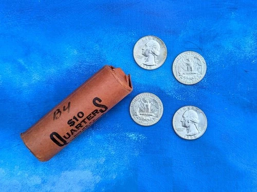 Roll of (40) 1964 90% Silver WashingtonQuarters, roll designated BU Quarters 25c