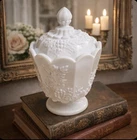 Vintage White Milk Glass Scalloped Edge Paneled Grape Compote Canister with Lid