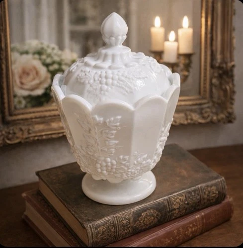 Vintage White Milk Glass Scalloped Edge Paneled Grape Compote Canister with Lid