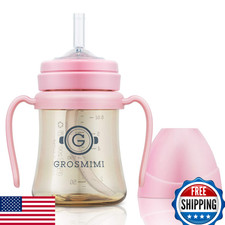 GROSMIMI Spill Proof Magic Sippy Cup w/ Handle  Straw, 6oz Pink, BPA-Free PPSU