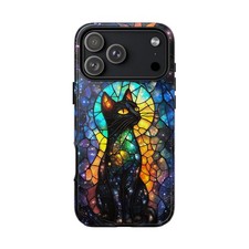 For iPhone / Galaxy / Pixel   Nebula Black Cat Stained Glass Phone Case