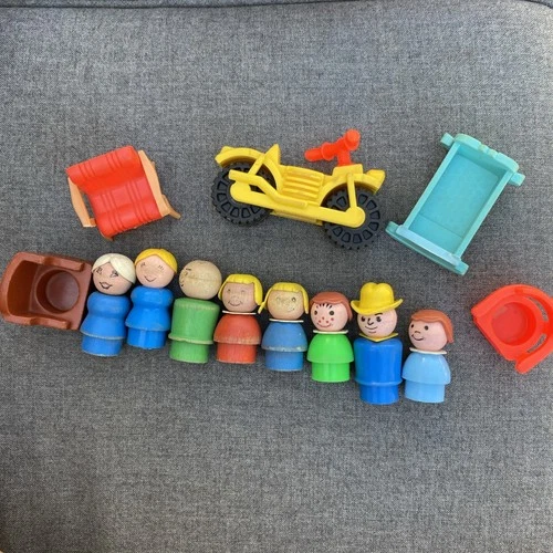 Fisher Price Little People Vintage YELLOW MOTORCYCLE Bike HighChair Chairs Lot