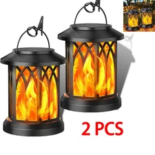 2× LED Flickering Flame Solar Hanging Lights Lantern Outdoor Garden Pathway Lamp