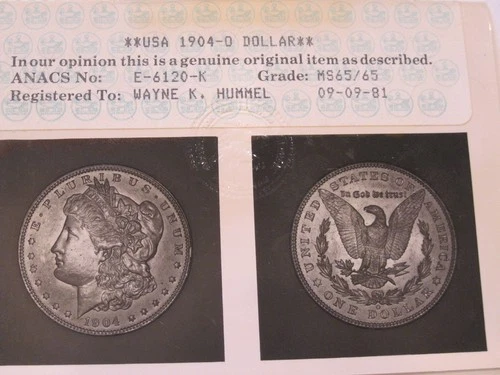 1904 O Morgan Silver Dollar BU, RARE ANACS Photo grade MS 65, gold toning 5195