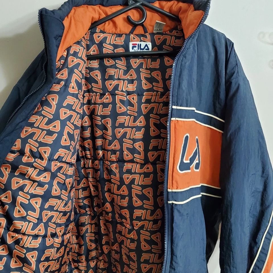 Vintage 90s Fila Puffer Ski Jacket Mens XL Atatchable Hood Orange Blue Retro - Image 2 of 4