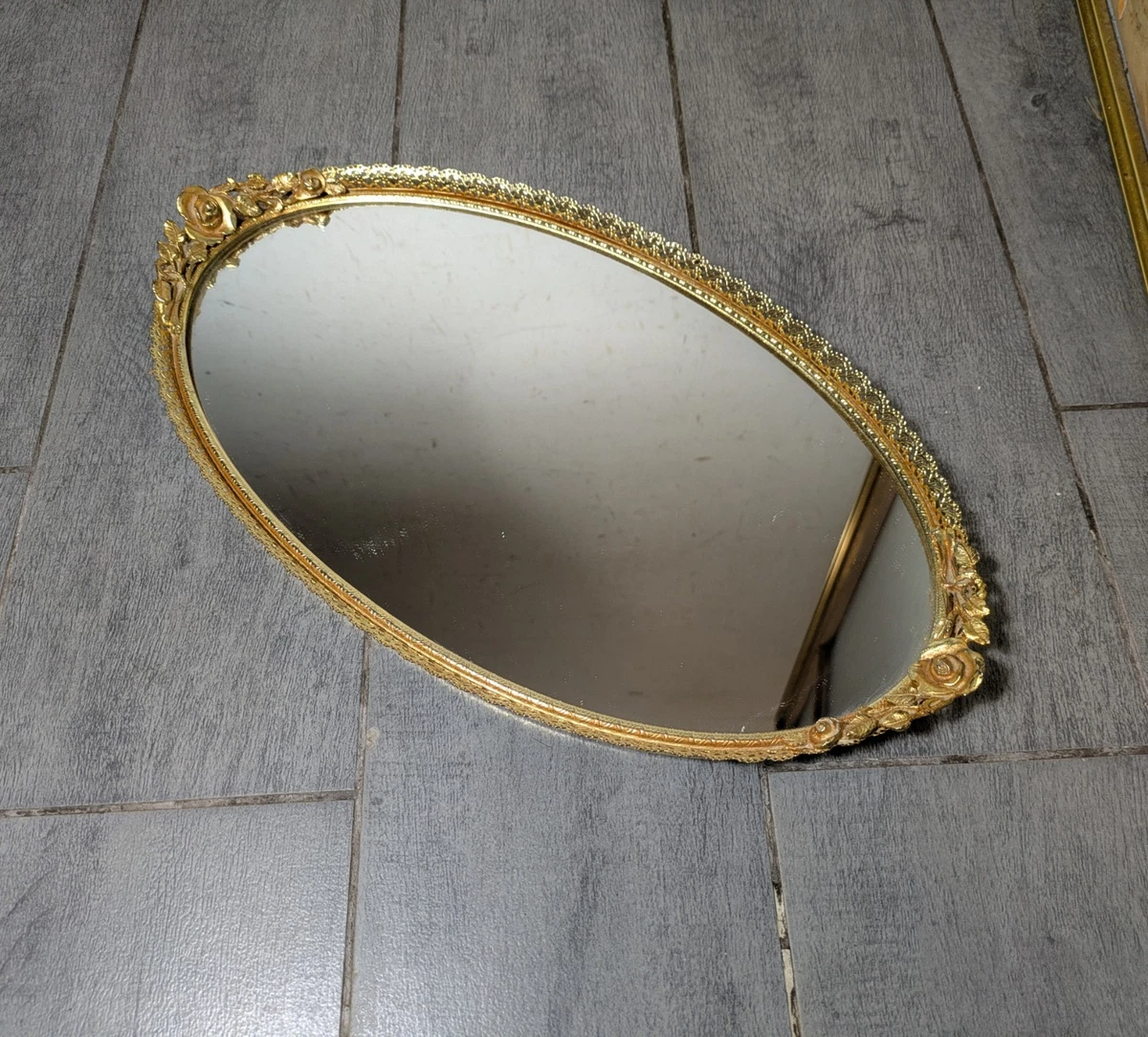 Vintage Matson MCM Gold Metal Vanity Tray Mirror - Floral Roses