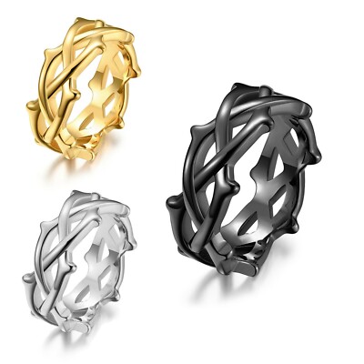 INRENG Crown Of Thorns Ring - 9mm Stainless Steel Branch Design Wedding Band For Men & Women (Silver, Gold, Black)