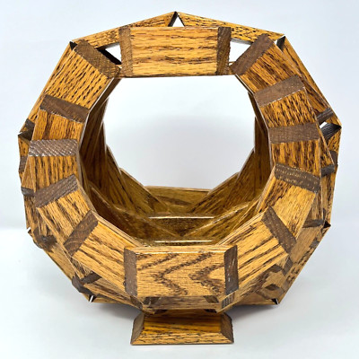 Vintage Geometric Wooden Basket Planter Block Art Centerpiece Structure Fruit