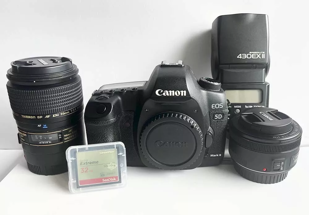 Canon EOS 5D Mark ii w/ 50mm f/1.8 STM, 90mm f/2.8 Macro, and Speedlite  430EX II