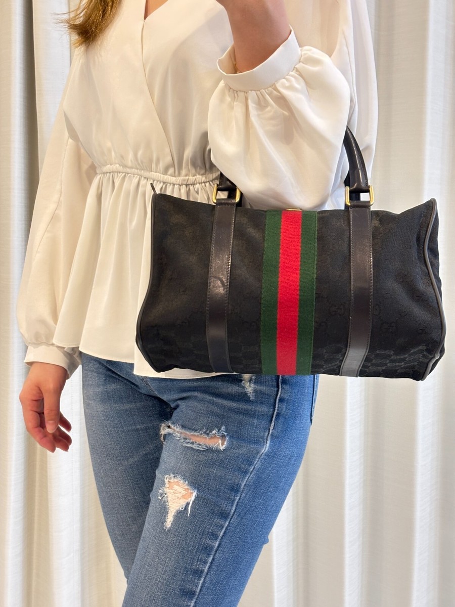 バッグ GUCCI Vintage GGPlus Mini Boston Handbag GUCCI Vintage Mini Boston Bag Black Canvas Leather Sherry
