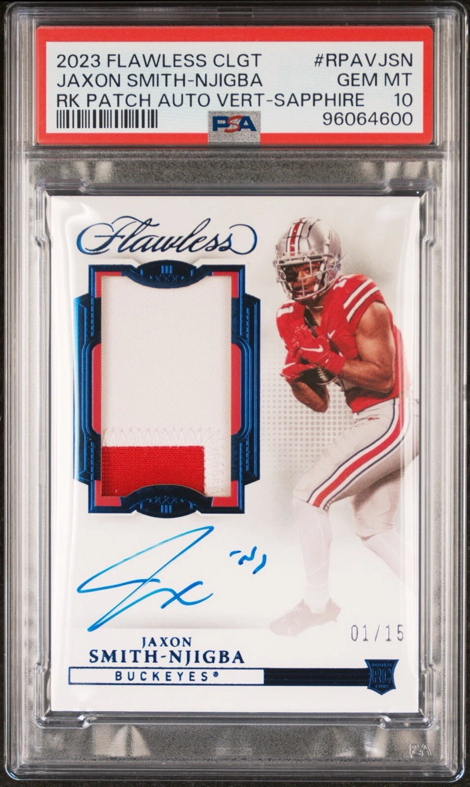 Jaxon Smith-Njigba Panini Flawless Collegiate Flawless Rookie Patch Autograph Vertical #RPAVJSN Sapphire