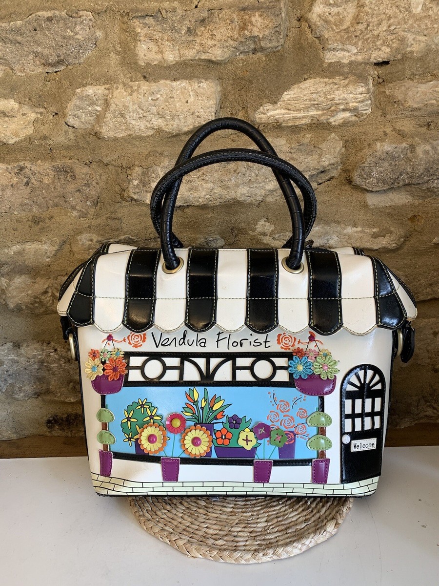 Vendula London Embellished Florist Shop Tote Handbag Cream Black Bag