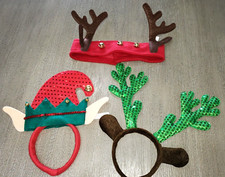 3 CHRISTMAS HEADBANDS jingle bells antlers elf sparkles ONE SIZE FITS MOST