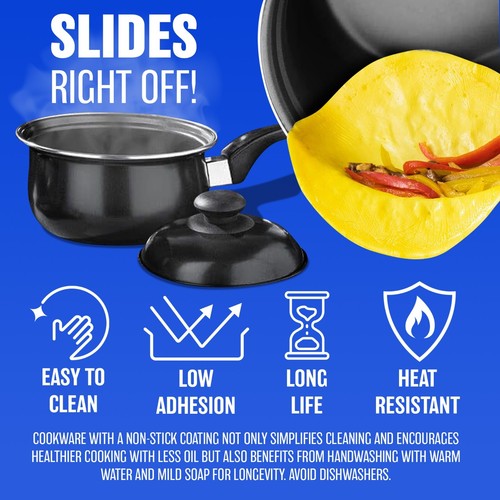 6PC NON STICK COOKWARE SET SAUCE PAN POT LID KITCHEN FRY FRYING LIDS COOKING NEW - Picture 5 of 7
