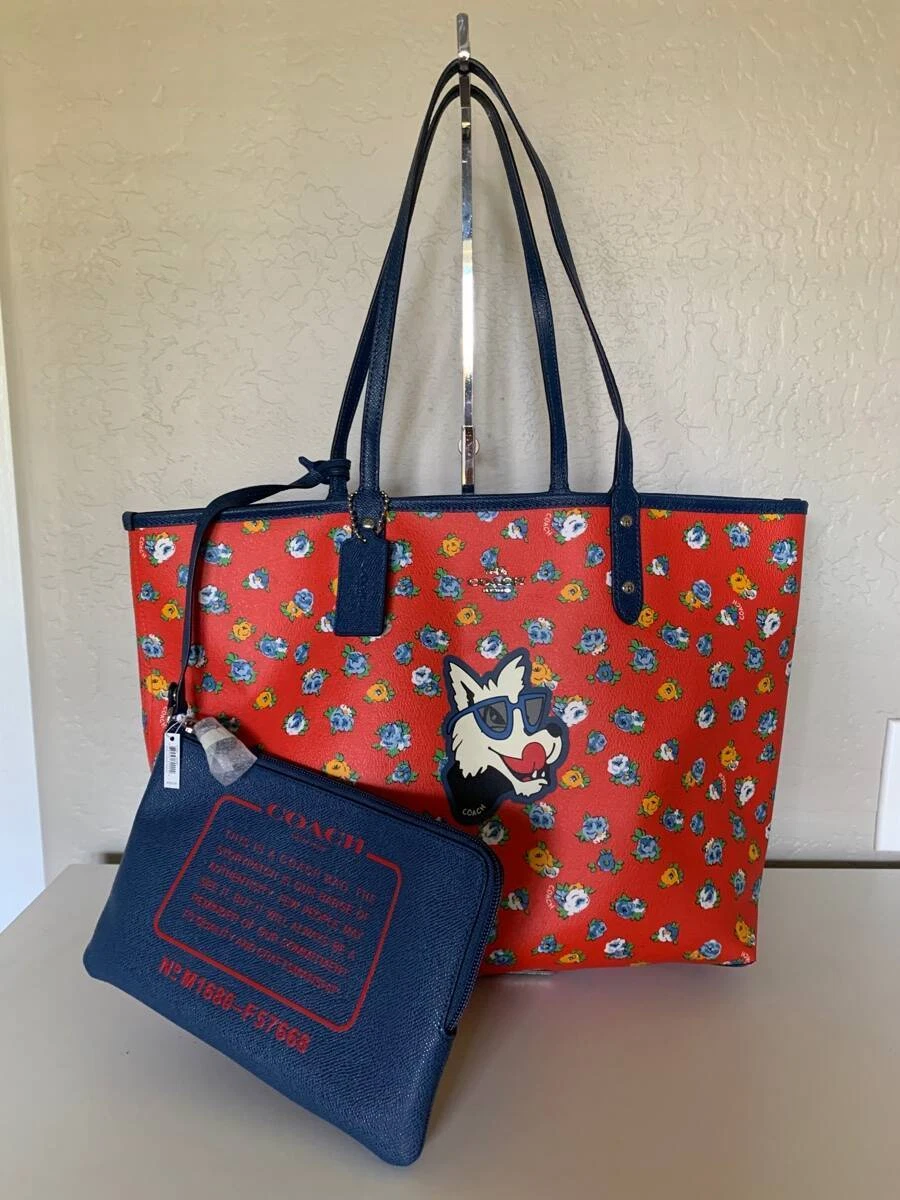 NEW COACH REVERSIBLE TEA ROSE FLORAL CITY TOTE BAG F57668 BLUE RED MULTI