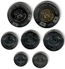 FULL SET Sint Maarten 1, 5, 10, 25, 50 Cents & 1, 5 Caribbean Guilders 2025 UNC