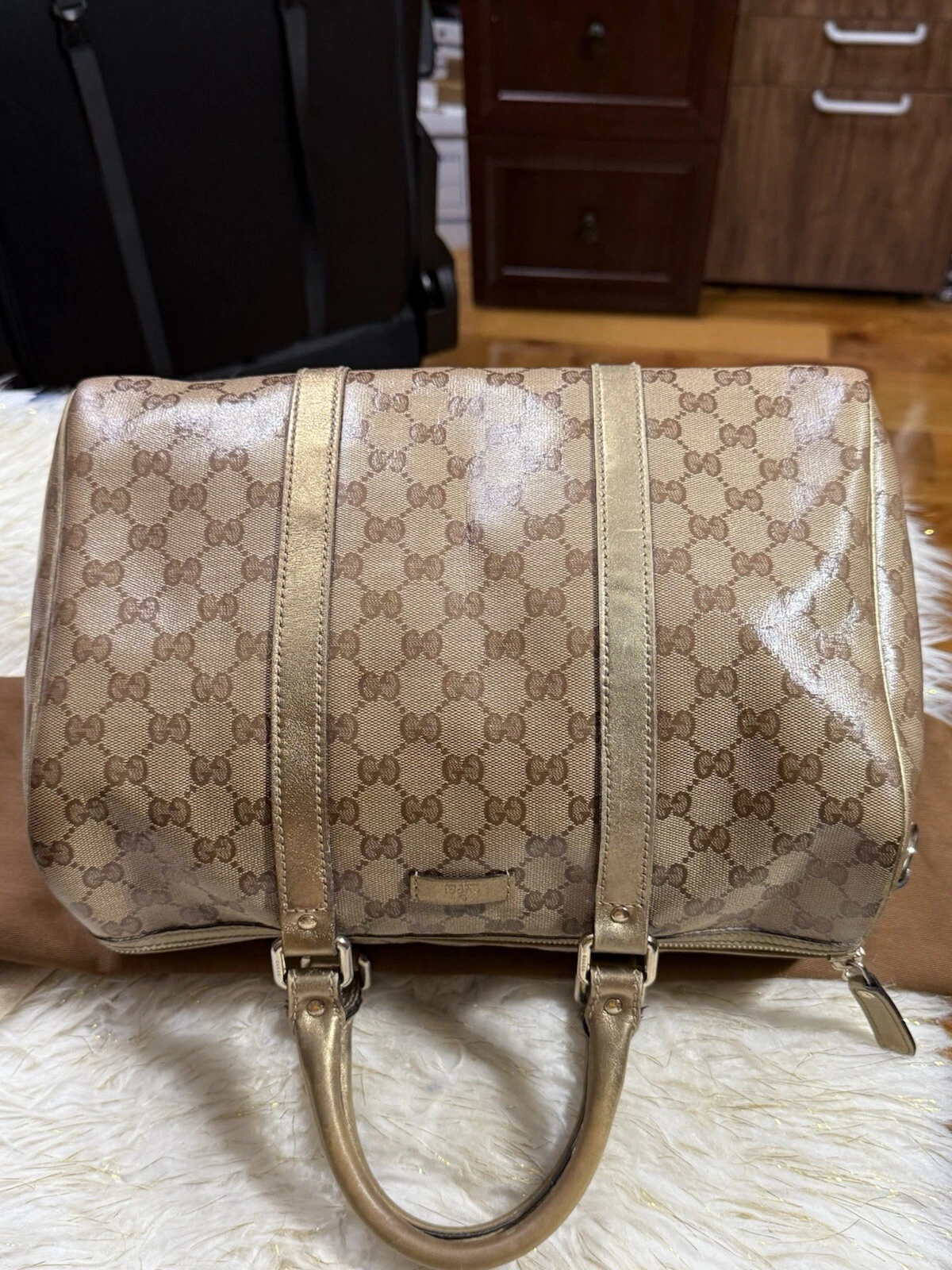 Gucci Joy Boston Sac à Main Cuir Enduit Toile Moyen Or Marron Avec Poussière
