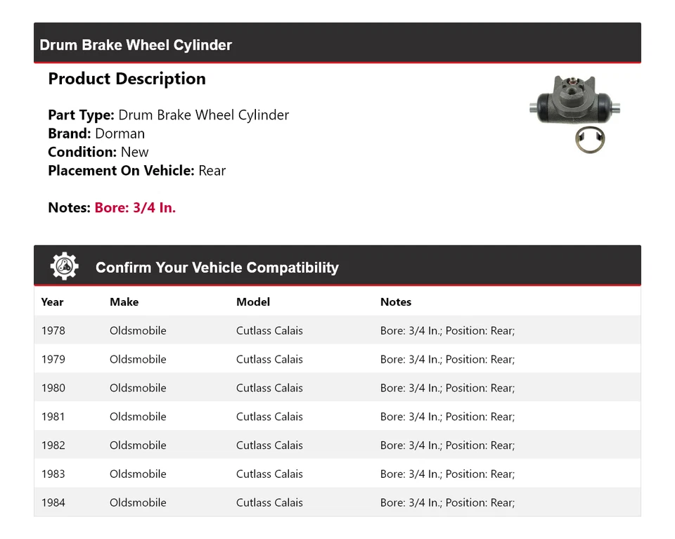 Cilindro trasero de rueda de freno de tambor Oldsmobile Cutlass Calais Dorman 1978-1984 Foto 2 de 4