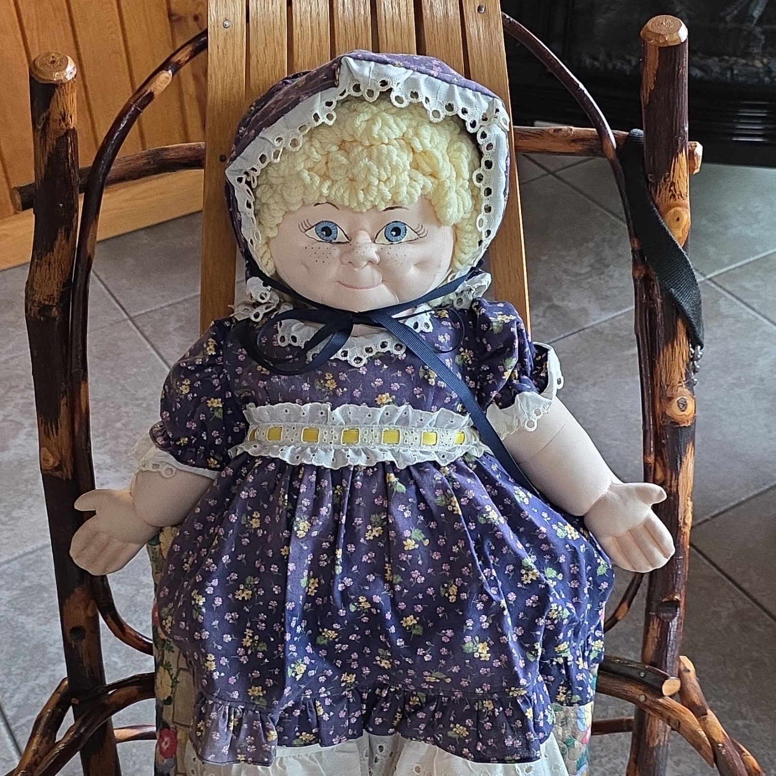 Handmade Rag & Cloth Doll No Hair Light Complexion Blue Floral Dress Bonnet