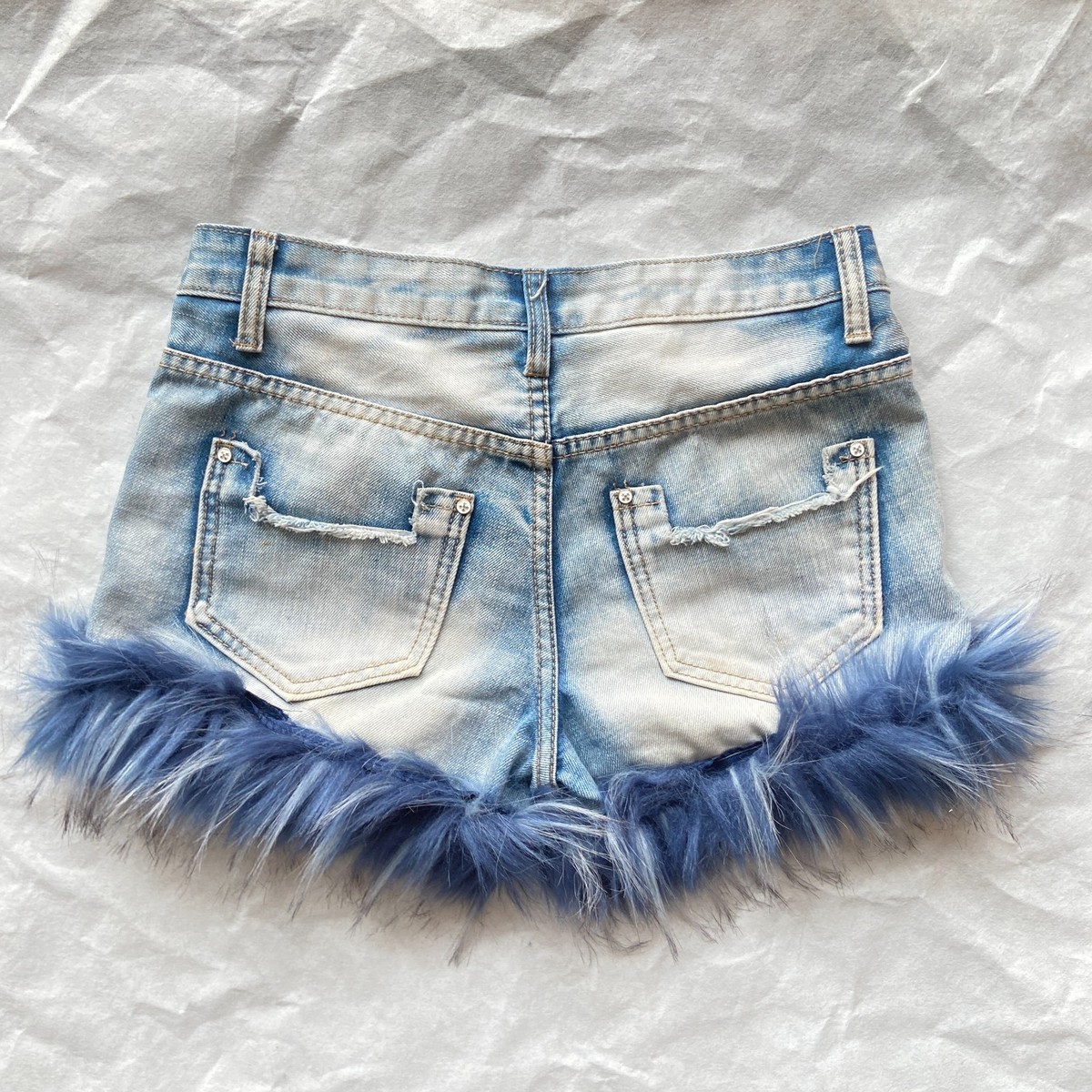 Vintage Y2k 90s 80s 70s Acid Wash Denim Shorts with Blue Fur Trim