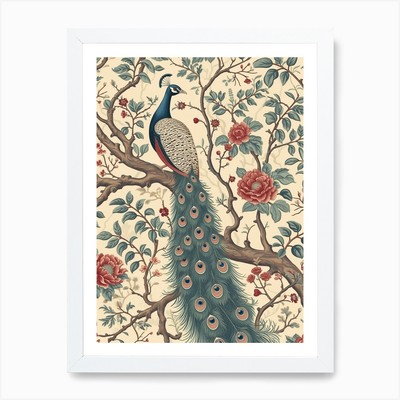 Sepia Floral Peacock In A Tree Wall Framed Wall Art Poster Canvas Print Picture