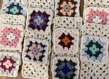 Lot Of 20 4.5” HandCrochet GRANNY SQUARES BLOCK Variegated Off White Border