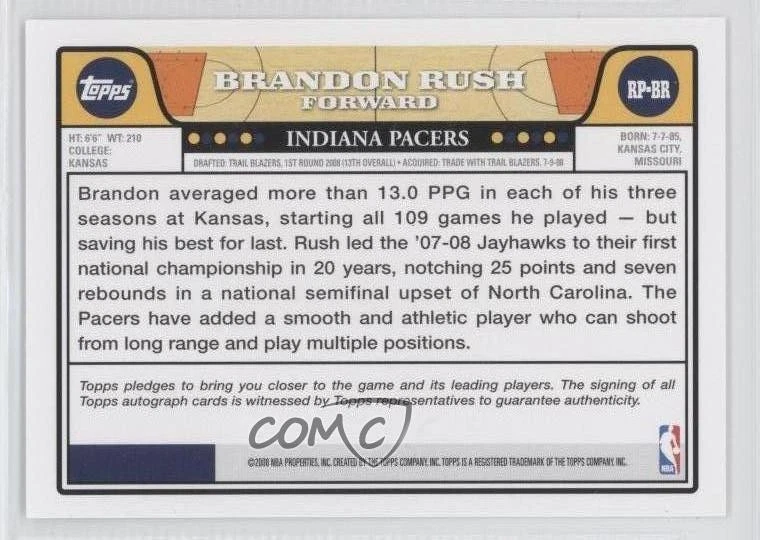 2008-09 Topps Rookie Premiere Certificado Automático Brandon Rush #RP-BR Automático RC Foto 2 de 2
